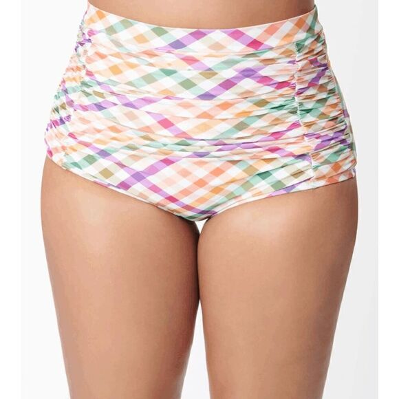 Unique Vintage Pastel Madras Gingham Monroe high-waisted Swim Bottom Bikini 2X - Picture 1 of 6